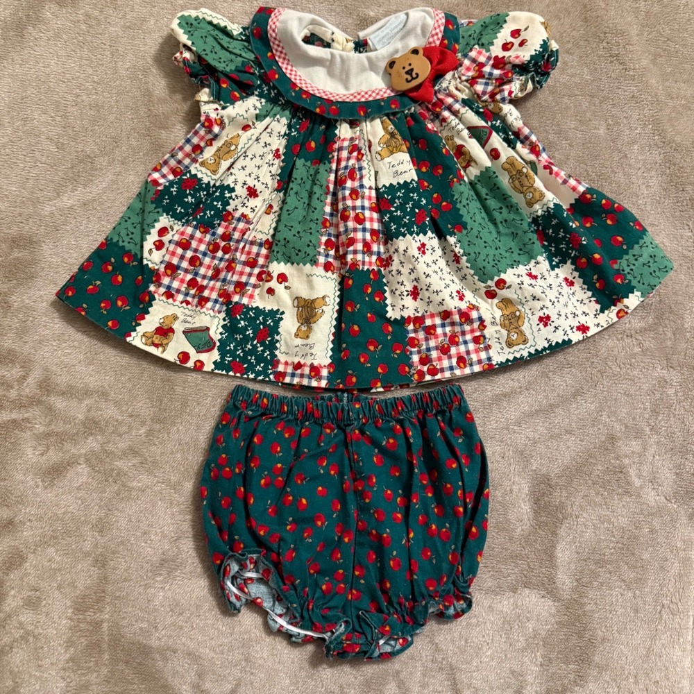 Peaches n Cream Vintage Baby Girl Patchwork Teddy Bear Dress Bloomers Set 0-3M